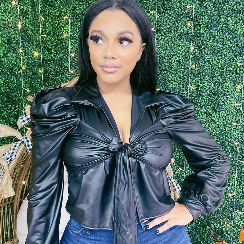 Black Faux Leather Tie Blouse